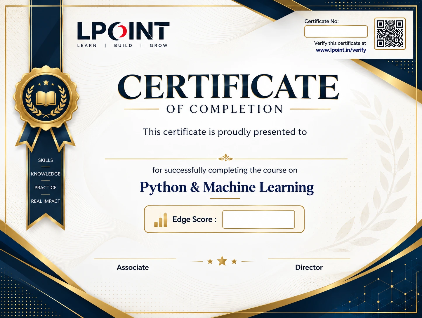 Sample LPOINT certificate of completion with certificate number, QR verification and Edge Score